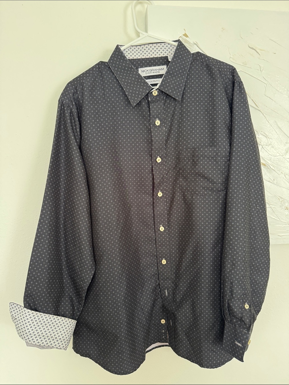 Nick Graham XL Black Modern Fit Shirt Contrast Cuffs Geometric Print